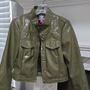 Vince Camuto XS Olive Green Vegan Leather Shiny Jacket